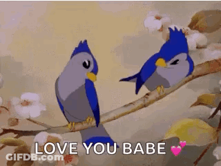 Two Birds Are Sitting On A Tree Branch With The Words `` Love You Babe '' Written Below Them . GIF