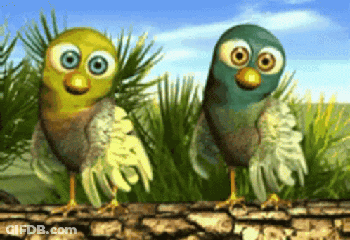 Two Birds Are Standing Next To Each Other On A Stone Wall GIF