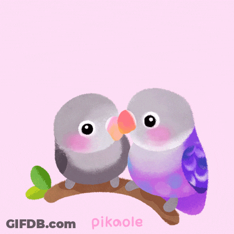 Two Birds Kissing Under A Pink Heart With The Word Pikaole Below GIF
