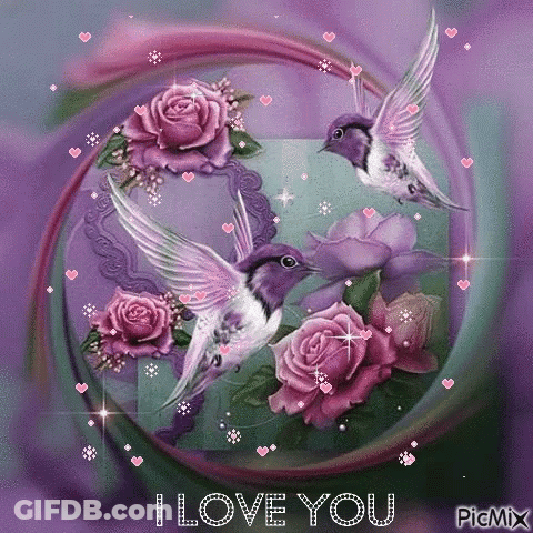 Two Birds Surrounded By Purple Roses I Love You GIF