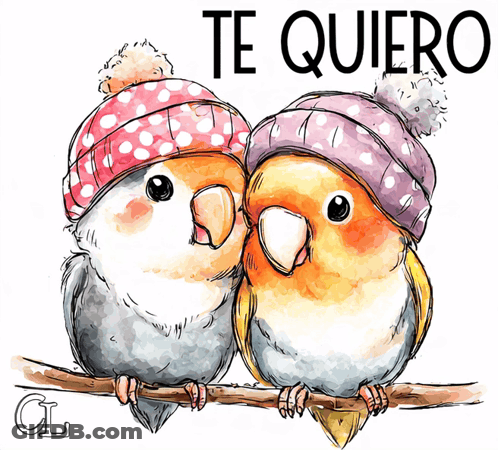 Two Birds Wearing Hats On Branch With Te Quiero GIF