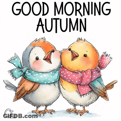 Two Birds Wearing Scarves Saying Good Morning Autumn GIF