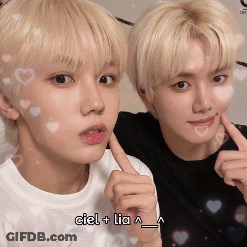 Two Blonde Boys Are Posing For A Picture With The Words Ciel + Lia Written Below Them GIF