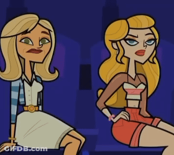 Two Blonde Cartoon Women Are Sitting Next To Each Other With Their Hands On Their Hips GIF