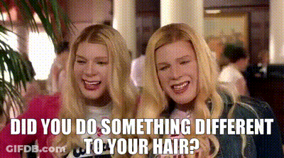 Two Blonde Women Are Sitting Next To Each Other And One Of Them Is Asking The Other If They Did Something Different To T GIF
