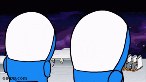 Two Blue And White Cartoon Characters Are Looking At Each Other GIF