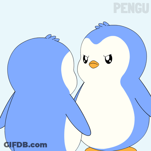 Two Blue And White Penguins Standing Next To Each Other With The Word Pengu Behind Them GIF