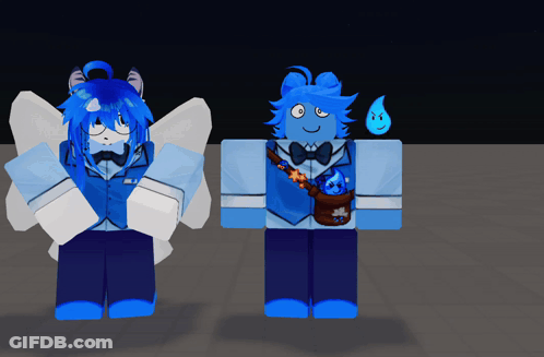 Two Blue Cartoon Characters Are Standing Next To Each Other And One Has A Teardrop On His Chest GIF