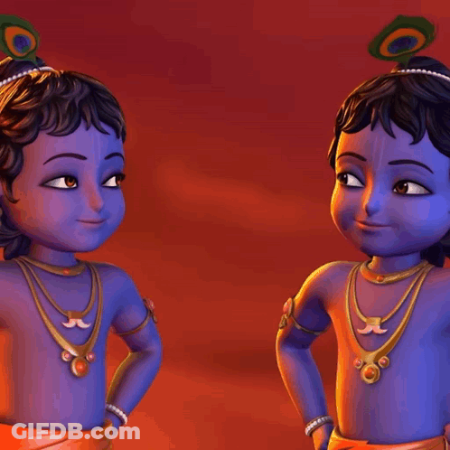 Two Blue Cartoon Characters With Peacock Feathers On Their Heads Standing Next To Each Other GIF