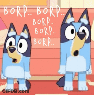 Two Blue Cartoon Dogs Are Standing Next To Each Other With The Words " Bord " Written In White GIF