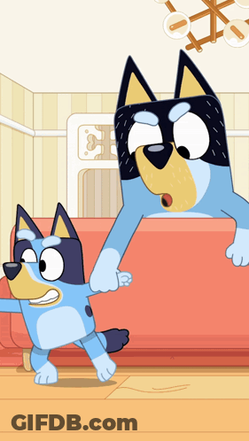 Two Blue Cartoon Dogs Standing Together GIF
