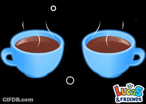 Two Blue Cups Of Coffee With Lucas & Friends Written Below Them GIF