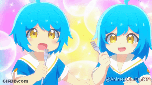 Two Blue Haired Anime Characters Holding Forks With The Words Anime Dub Center Written Below Them GIF