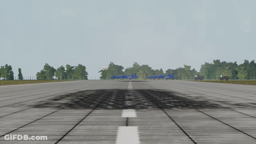 Two Blue Jets Are On A Runway With A White Line GIF