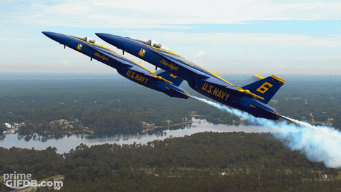 Two Blue Jets From The U.s. Navy Are Flying In Formation GIF