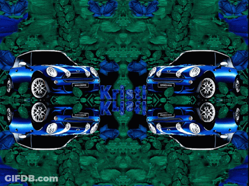 Two Blue Mini Cooper Cars Are Surrounded By Green Leaves GIF
