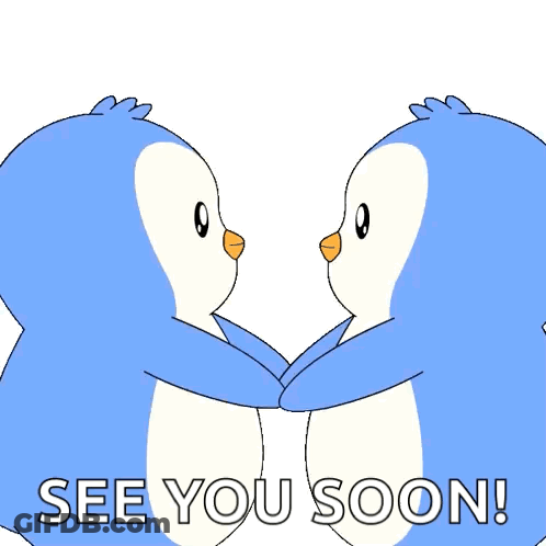 Two Blue Penguins Hugging Each Other With The Words " See You Soon " On The Bottom GIF