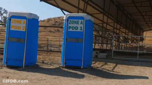 Two Blue Portable Toilets With The Words Zone A Pod 2 And Zone A Pod 1 GIF