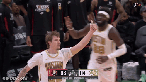 Two Boston Basketball Players High Five GIF