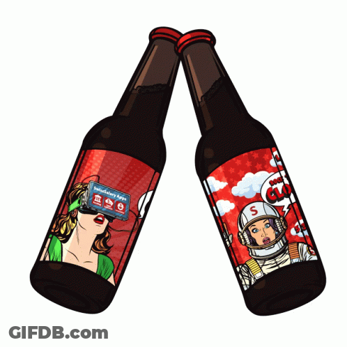 Two Bottles Of Beer One With A Woman Wearing A Virtual Reality Headset And The Other With An Astronaut On The Label GIF