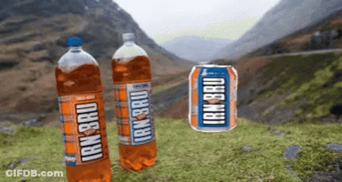 Two Bottles Of Irn Bru And A Can Of Irn Bru GIF