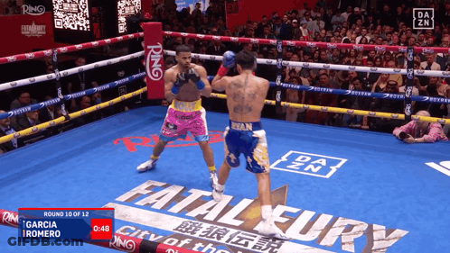 Two Boxers Fighting In Ring With Fatal Fury On Floor GIF