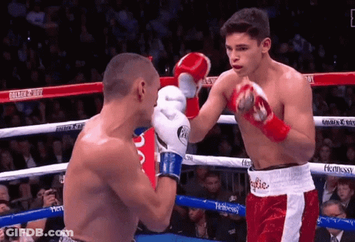 Two Boxers Fighting In Ring With Hennessy Advertisement GIF