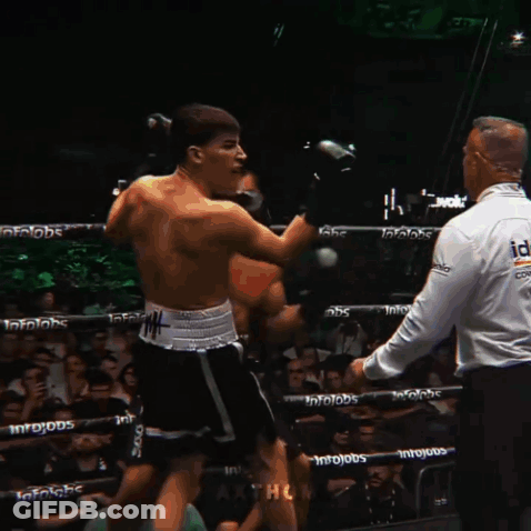 Two Boxers Fighting In Ring With Infojobs On Ropes GIF