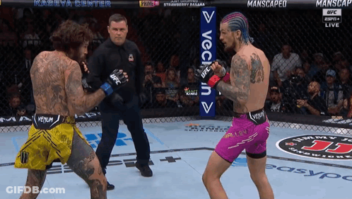 Two Boxers Fighting, One In Pink Venum Shorts GIF