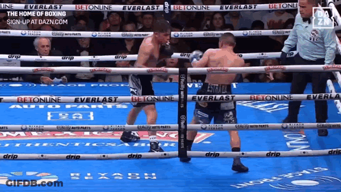 Two Boxers In Ring With Everlast Auto Parts On Ropes GIF