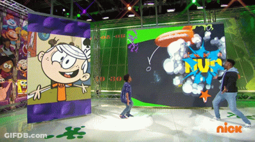 Two Boys Are Dancing In Front Of A Nickelodeon Advertisement GIF