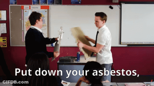 Two Boys Are Fighting In A Classroom With The Words Put Down Your Asbestos GIF