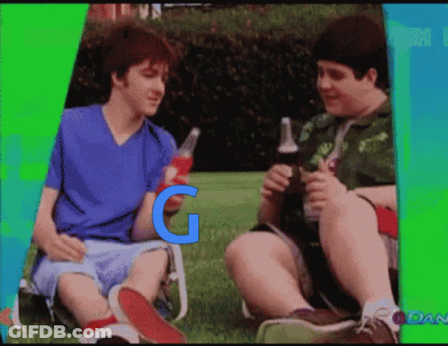 Two Boys Are Sitting In The Grass Holding Bottles Of Soda With The Letter G On The Bottom Right GIF