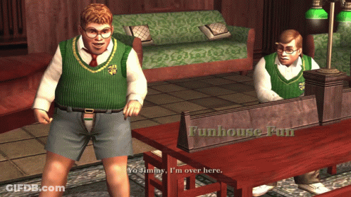 Two Boys Are Standing In Front Of A Table With The Words Funhouse Fun On It GIF