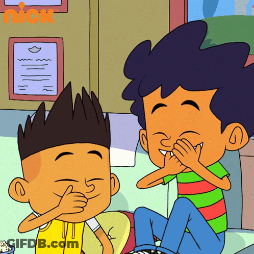 Two Boys Covering Mouths With Nick Logo GIF
