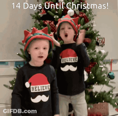 Two Boys In Santa Hats Saying Believe GIF