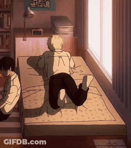 Two Boys Lying On Bed With Tokyo Ghoul Sign GIF