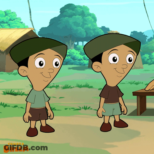 Two Boys Standing With Bheem Text GIF