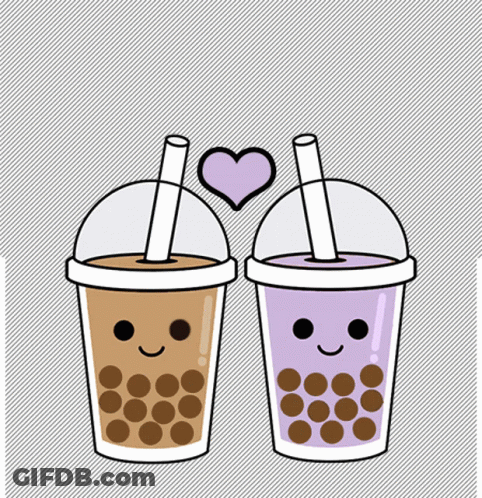 Two Bubble Tea Cups With Faces And Heart GIF