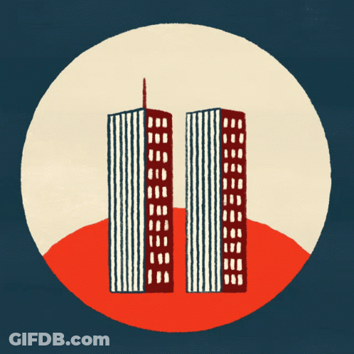 Two Buildings With We Will Never GIF