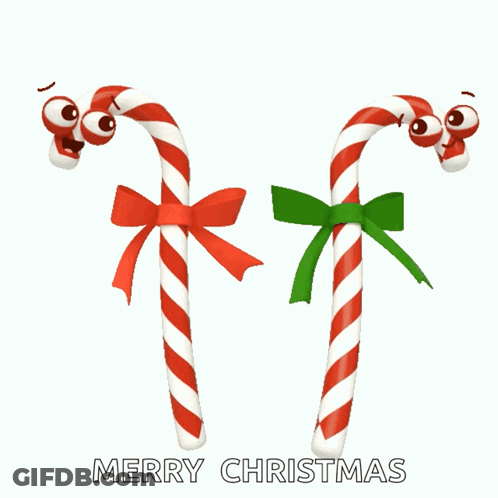 Two Candy Canes With Bows And The Words Merry Christmas On The Bottom GIF