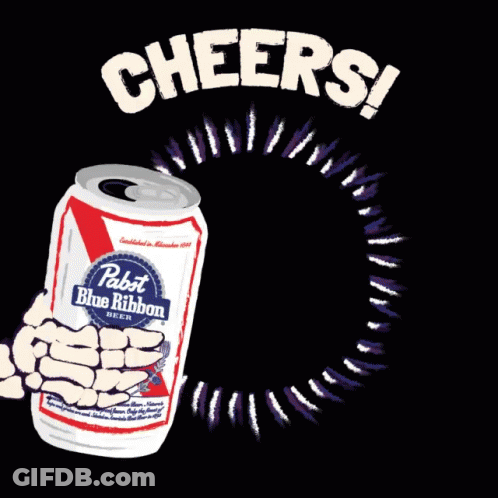 Two Cans Of Pabst Blue Ribbon Beer Being Held By Skeleton Hands GIF
