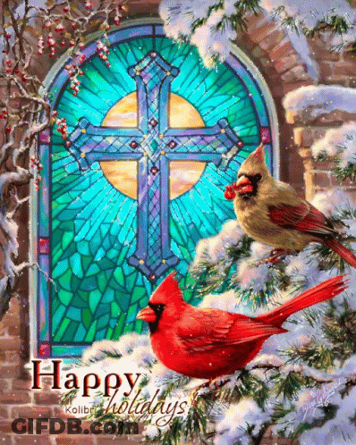 Two Cardinals Are Sitting In Front Of A Stained Glass Window With The Words Happy Holidays Below Them GIF