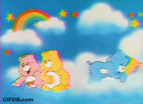 Two Care Bears Are Sitting On A Cloud With A Rainbow In The Background GIF