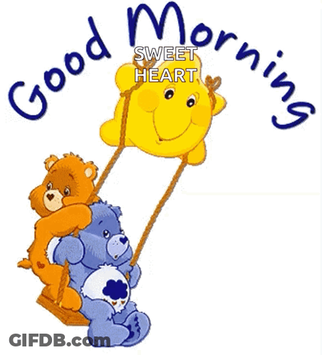 Two Care Bears Are Sitting On A Swing With The Words Good Morning Sweet Heart GIF