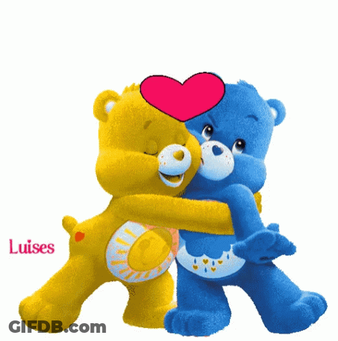 Two Care Bears Hugging Each Other With The Name Luises On The Bottom Right GIF