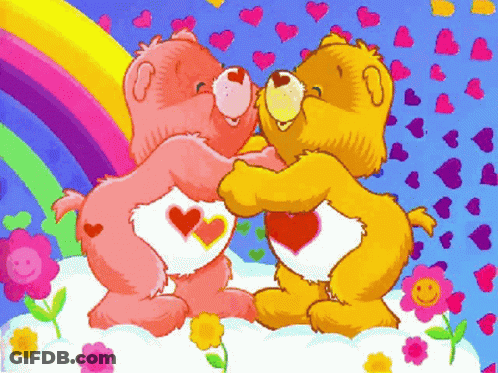 Two Care Bears Hugging With Hearts GIF