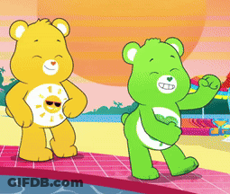 Two Care Bears Standing Next To Each Other On The Beach GIF