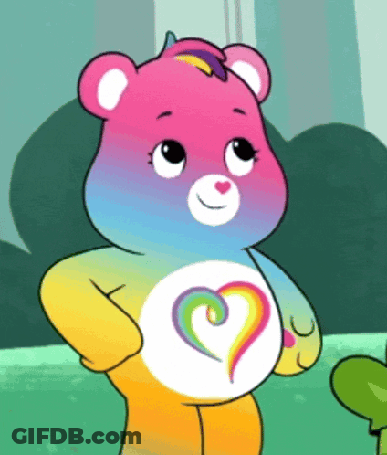 Two Care Bears Standing On Purple Background GIF