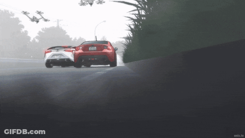 Two Cars Are Driving Down A Road And One Has A License Plate That Starts With The Letter B GIF